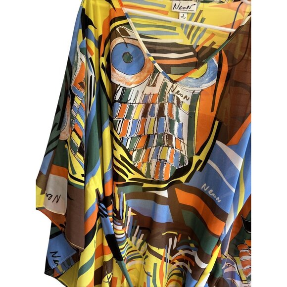 Neon By Macys Sheer Vibrant Owl Print Kimono Blouse Tie-Front V-Neck Womens S - Picture 3 of 8